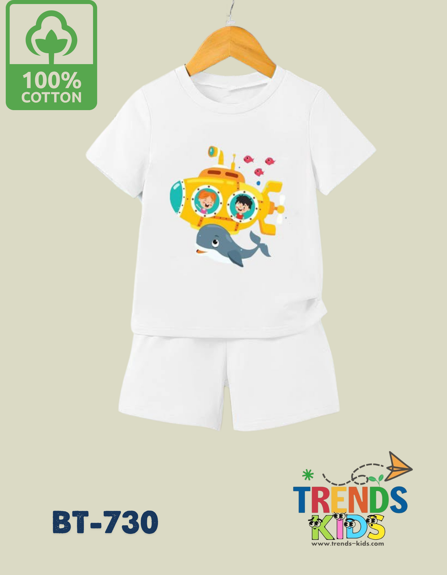 Cartoon Submarine T-Shirt & Pants White Set