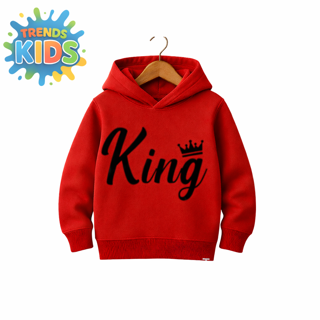 Red Kids Hoodie – KING Print with Crown | Premium Cotton Winter Wear
