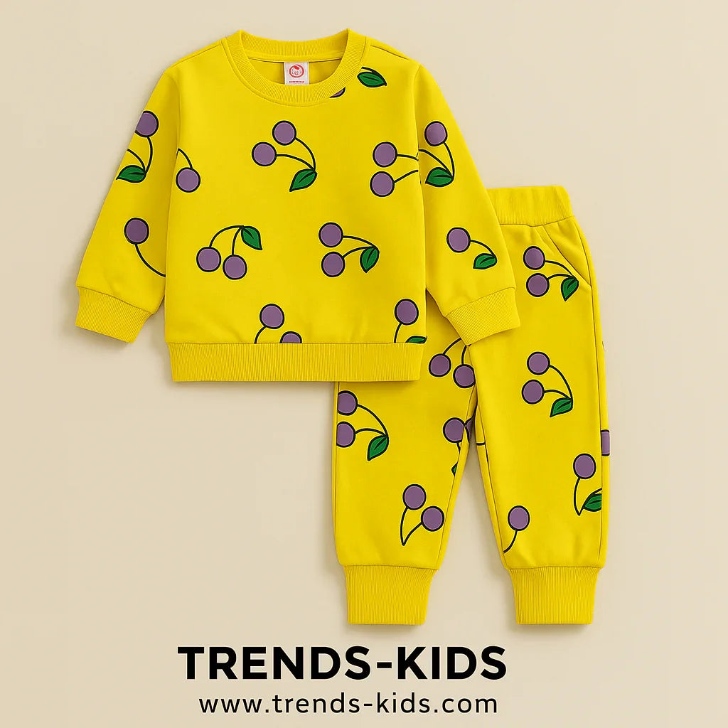 Kids Cherry Print Sweatshirt & Joggers Set – Soft Terry Cotton (6M–6Y)