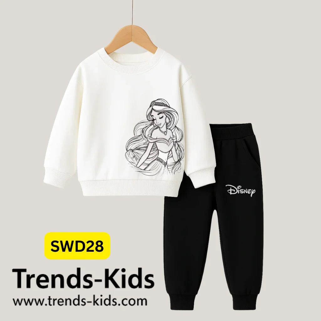 Girls Disney Two-Piece – White Sweatshirt & Black Pant Winter Set