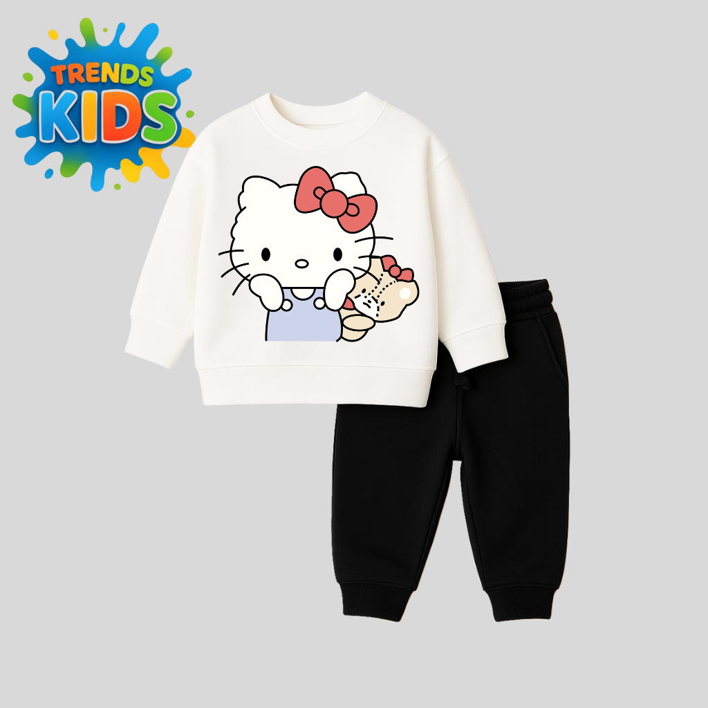 White Sweatshirt & Black Joggers Kids Set – Cute Cat Graphic
