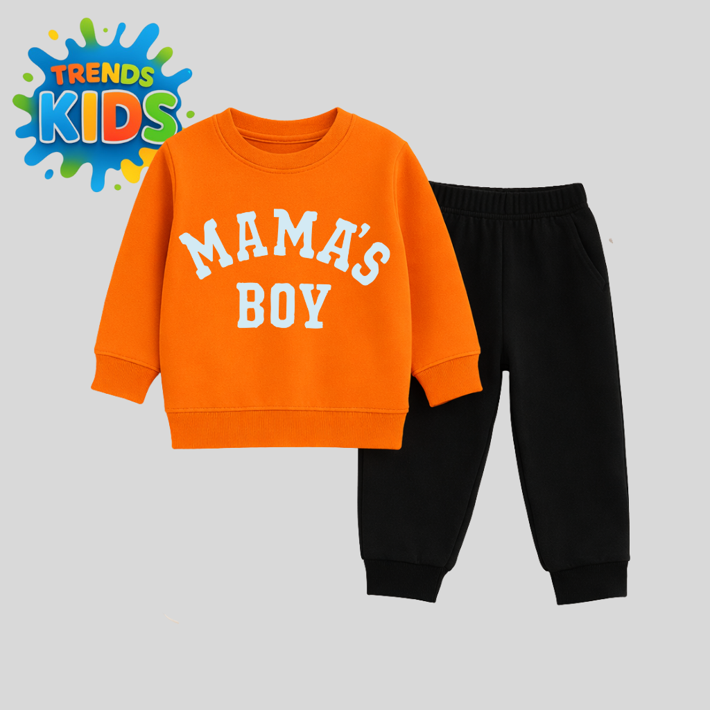 Orange Sweatshirt & Black Joggers Kids Set – Mama’s Boy Print | Premium Cotton Winter Wea