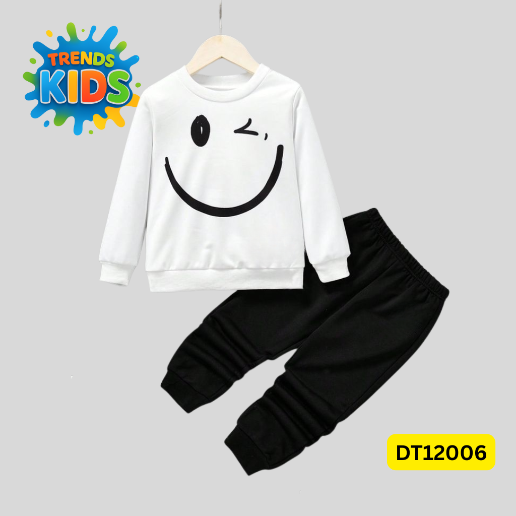White Sweatshirt & Black Joggers Kids Set – Smiley Face Print | Premium Cotton Winter Wear