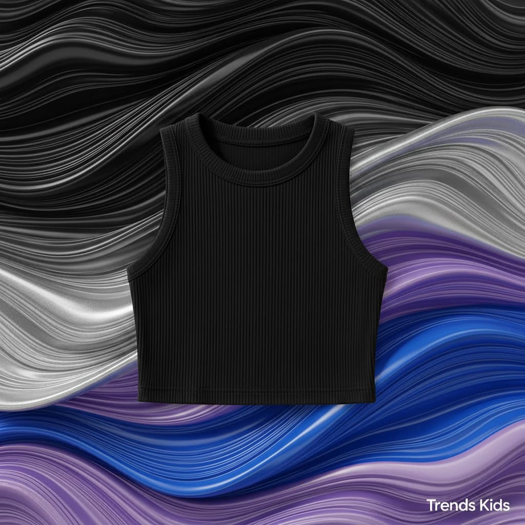 Black ribbed sleeveless top for baby girls and kids with colorful 3D background