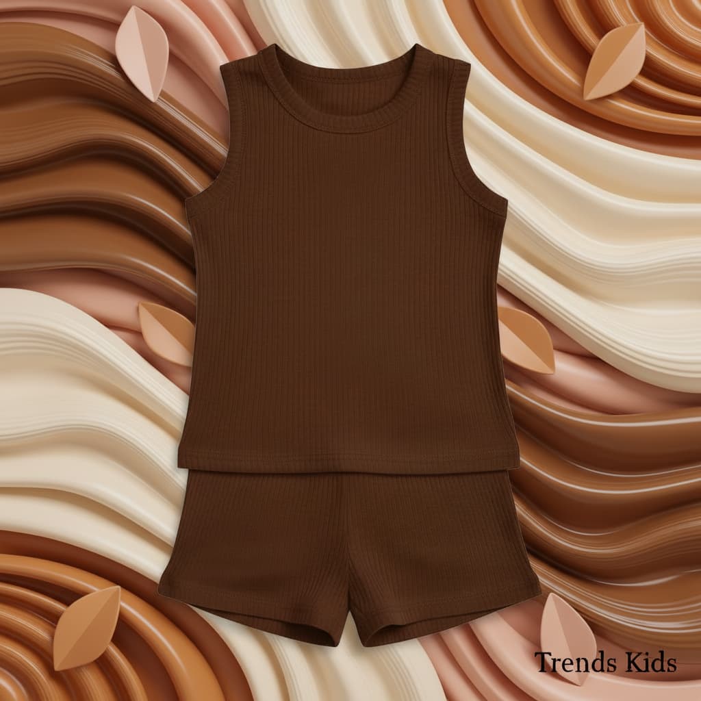 Premium Chocolate Brown Ribbed Tank Top Round Neck & Shorts Set for Kids (0 Months - 7 Years)
