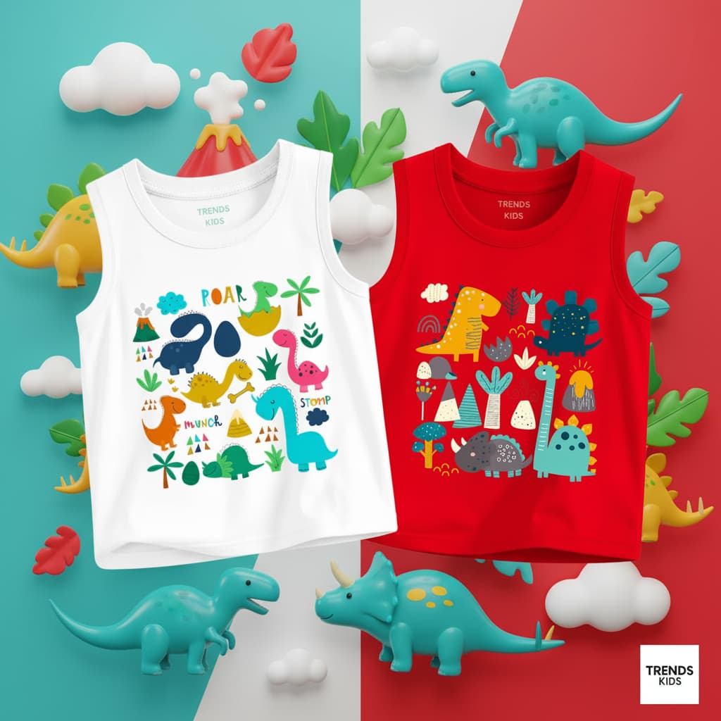 Kids Cotton Sleeveless Tank Top –Dinosaur Cartoon Print | TT2C-DINO-MIX
