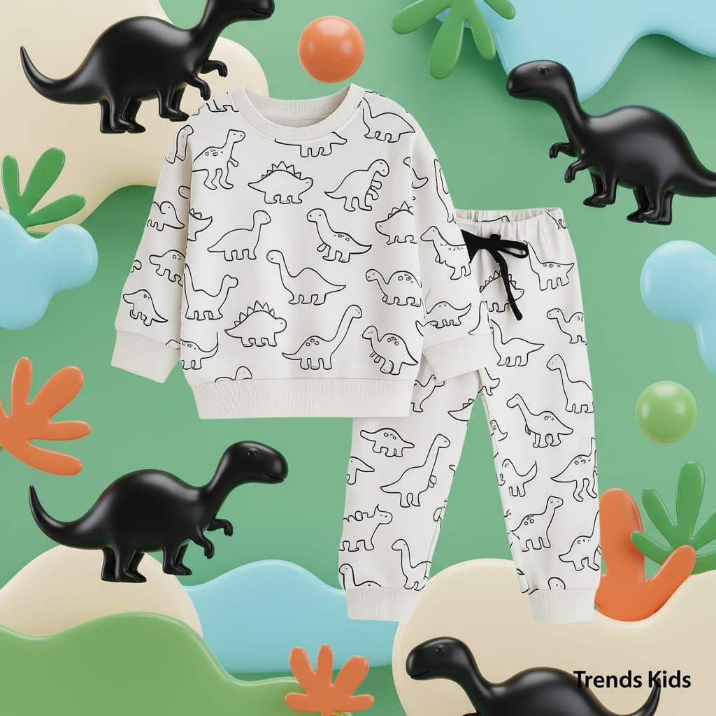 Boys & Girls Dinosaur-Print Winter Set – Terry Cotton Sweatshirt + Joggers