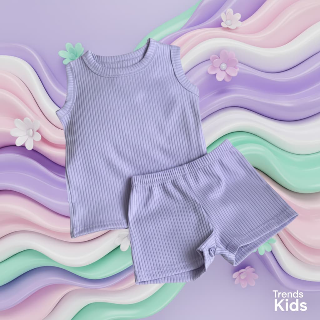 Lavender Ribbed Tank Top Round Nick & Shorts Set for Baby Girls & Kids