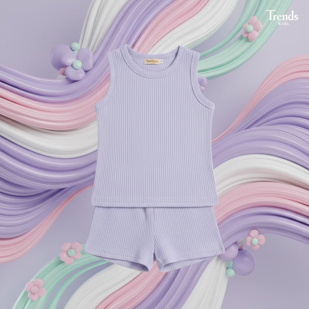 Lavender Ribbed Tank Top Round Nick & Shorts Set for Baby Girls & Kids
