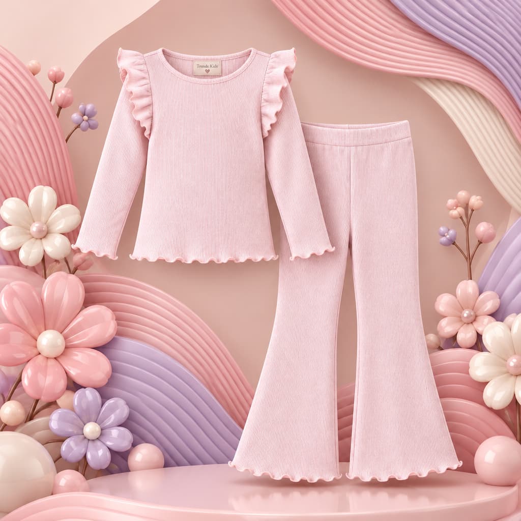 Light Pink Ribbed Ruffle Top & Flare Pants Set