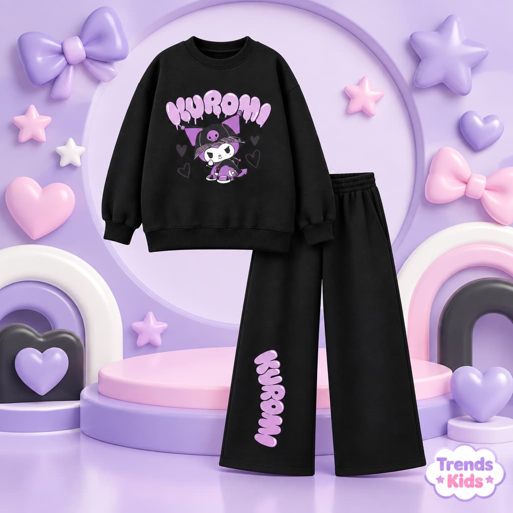 Girls Hello Kitty Kuromi K-Pop Printed Cotton Sweatshirt With Trousers