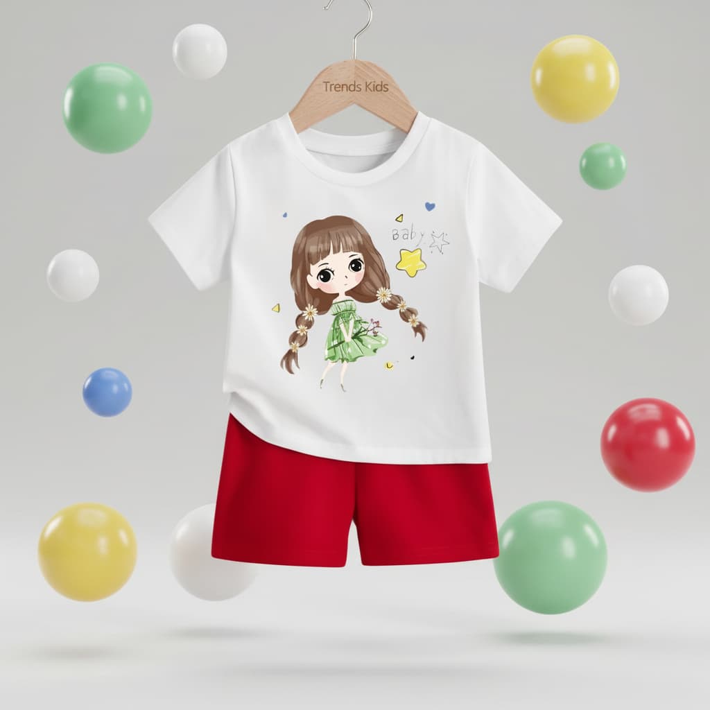 Cute Baby Girl Cartoon Cute Baby Girl Cartoon Basic T-Shirt Set