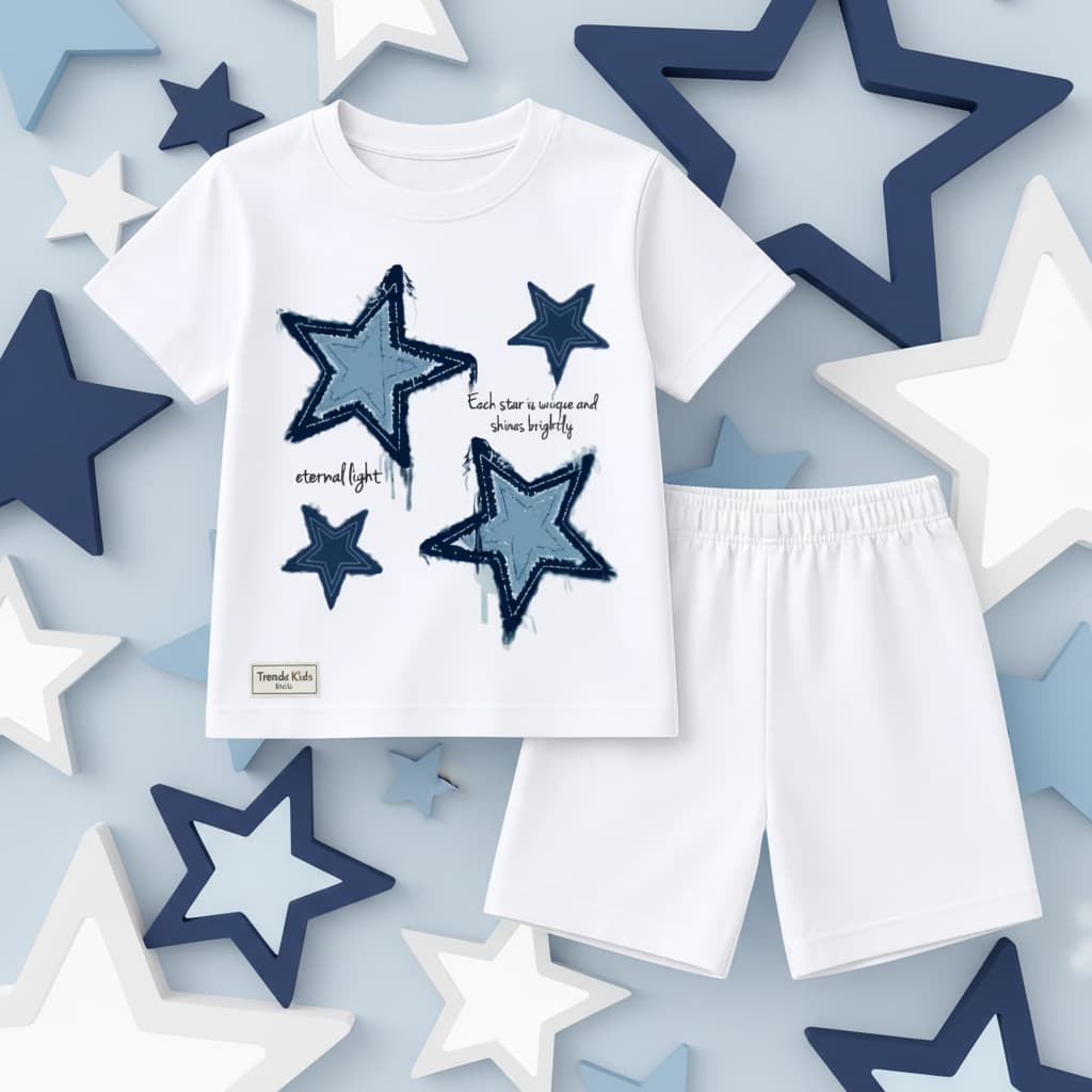 Star Print Kids Premium T-Shirt & Basic Shorts Set –  Cotton Summer Outfit