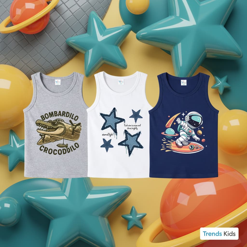 Boys Cartoon & Space Print Cotton Tank Top – 100% Cotton Summer Sleeveless Shirt