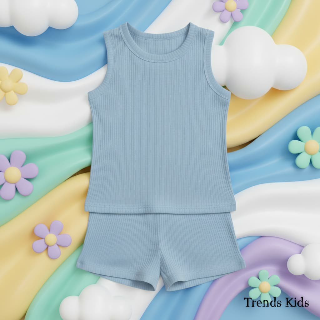 Kids Sky Blue Ribbed Tank Top & Shorts Set (0M-7Y) | Trends-Kids