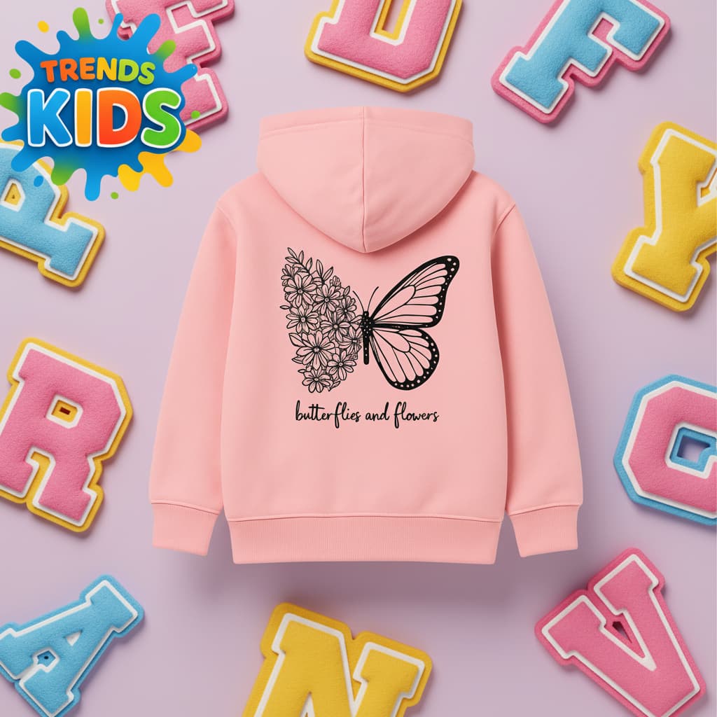 Butterflies Kids Hoodie – Soft Pink | Winter Fleece  6 Months – 1 Years