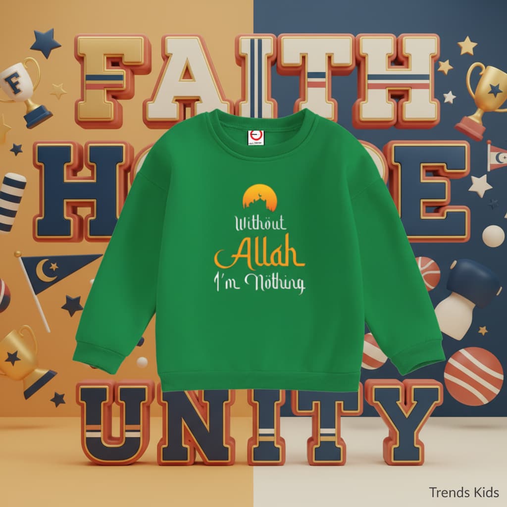 Premium Islamic Green Printed Sweatshirt for Kids Boys & Girls – "Without Allah I'm Nothing"