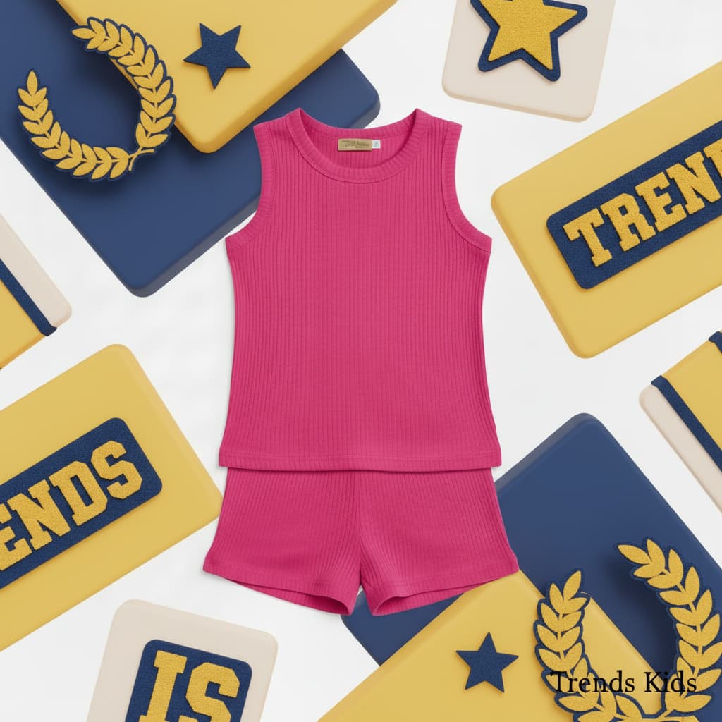 Premium Hot Pink Ribbed Tank Top Round Neck & Shorts Set for Kids (0 Months - 7 Years)