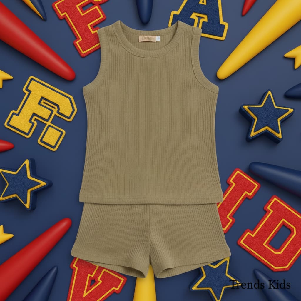 Kids Khaki Ribbed Tank Top & Shorts Set (0M-7Y) | Trends-Kids