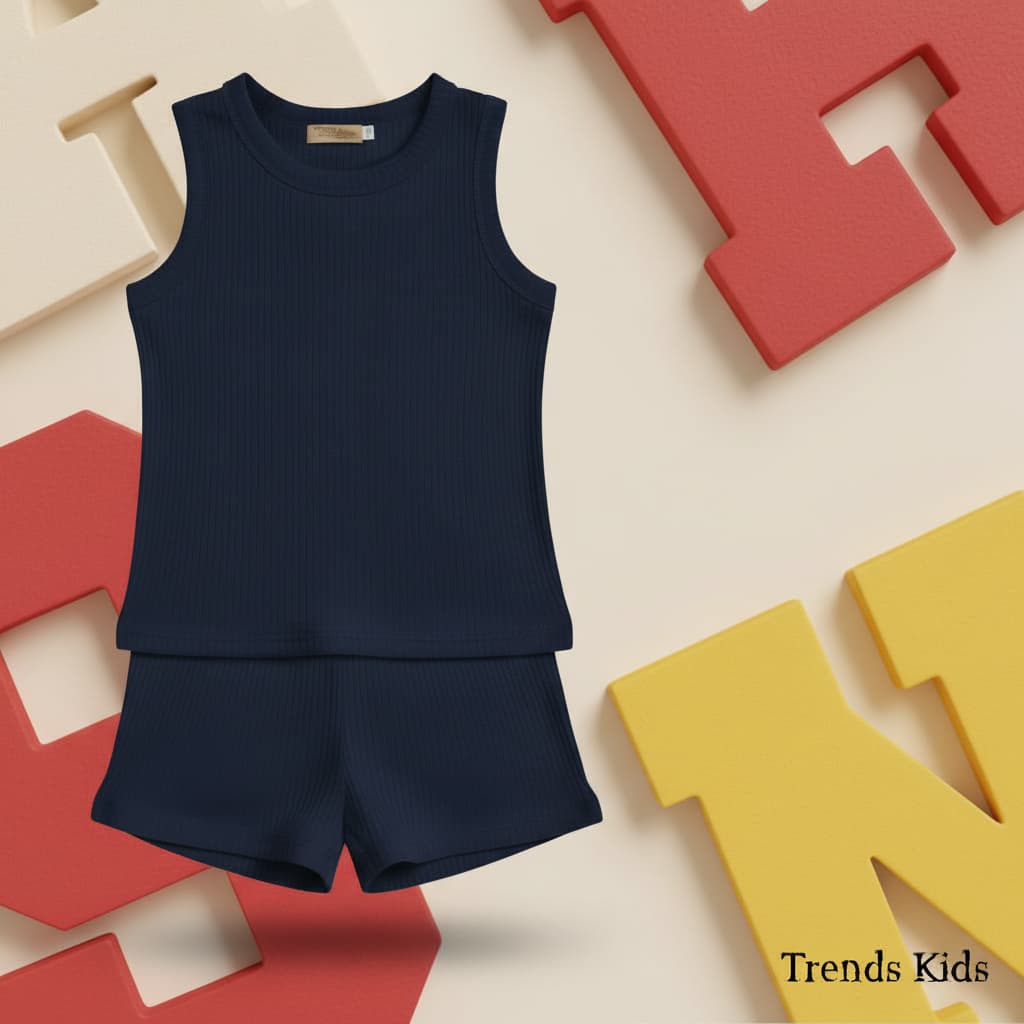 Premium Navy Blue Ribbed Tank Top Round Neck & Shorts Set for Kids (0 Months - 7 Years)