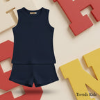 Premium Navy Blue Ribbed Tank Top Round Neck & Shorts Set for Kids (0 Months - 7 Years)