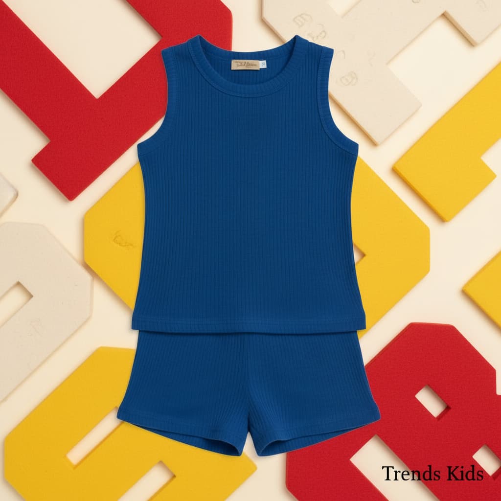 Premium Royal Blue Ribbed Tank Top Round Neck & Shorts Set for Kids (0 Months - 7 Years)
