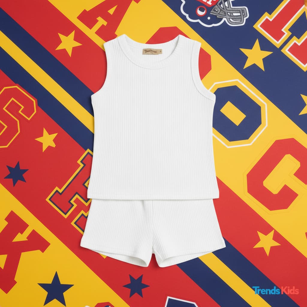 Premium White Ribbed Tank Top Round Neck & Shorts Set for Kids (0 Months - 7 Years)