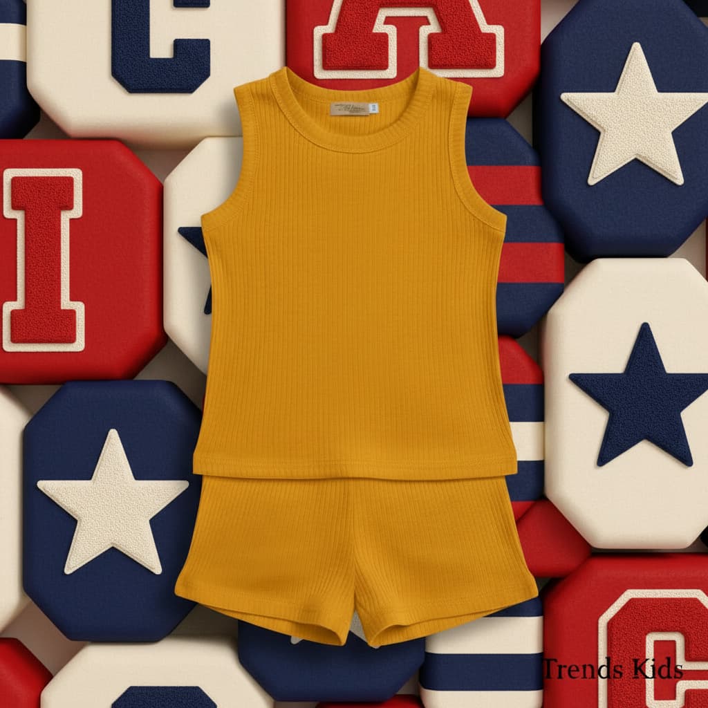 Premium Mustard Yellow Ribbed Tank Top Round Neck & Shorts Set for Kids (0 Months - 7 Years)
