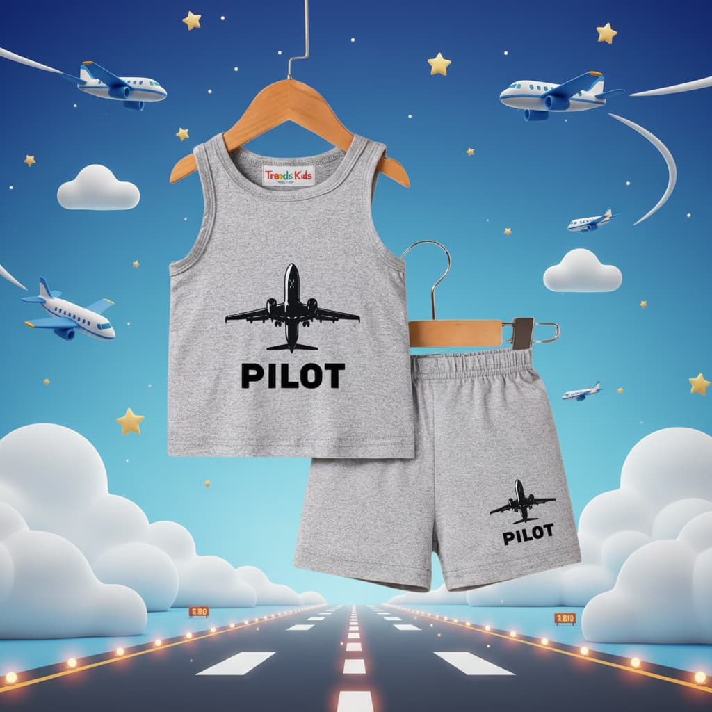 Kids Pilot Tank Top & Shorts Set (Grey) – Soft Cotton | TT-PILOT-GRY