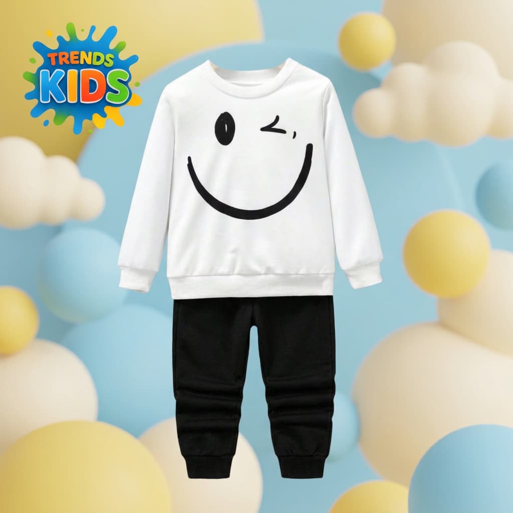 White Sweatshirt & Black Joggers Kids Set – Smiley Face Print | Premium Cotton Winter Wear