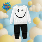 White Sweatshirt & Black Joggers Kids Set – Smiley Face Print | Premium Cotton Winter Wear