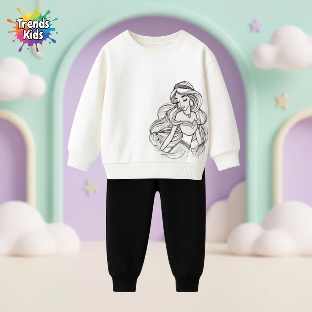 Girls Disney Two-Piece – White Sweatshirt & Black Pant Winter Set