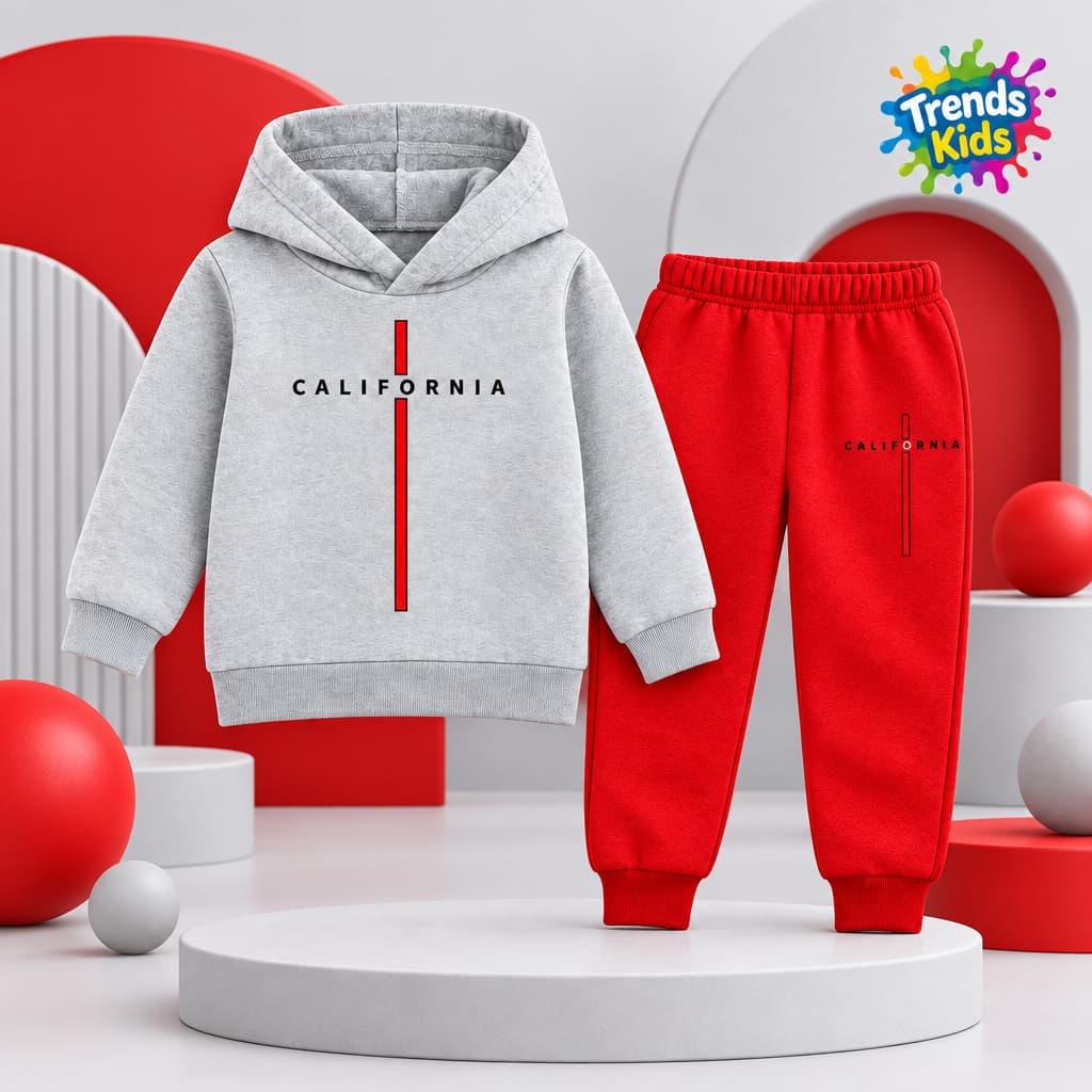 Kids Premium Hoodie & Jogger Set – Grey & Red California Print | Trends-Kids HBGGRPS