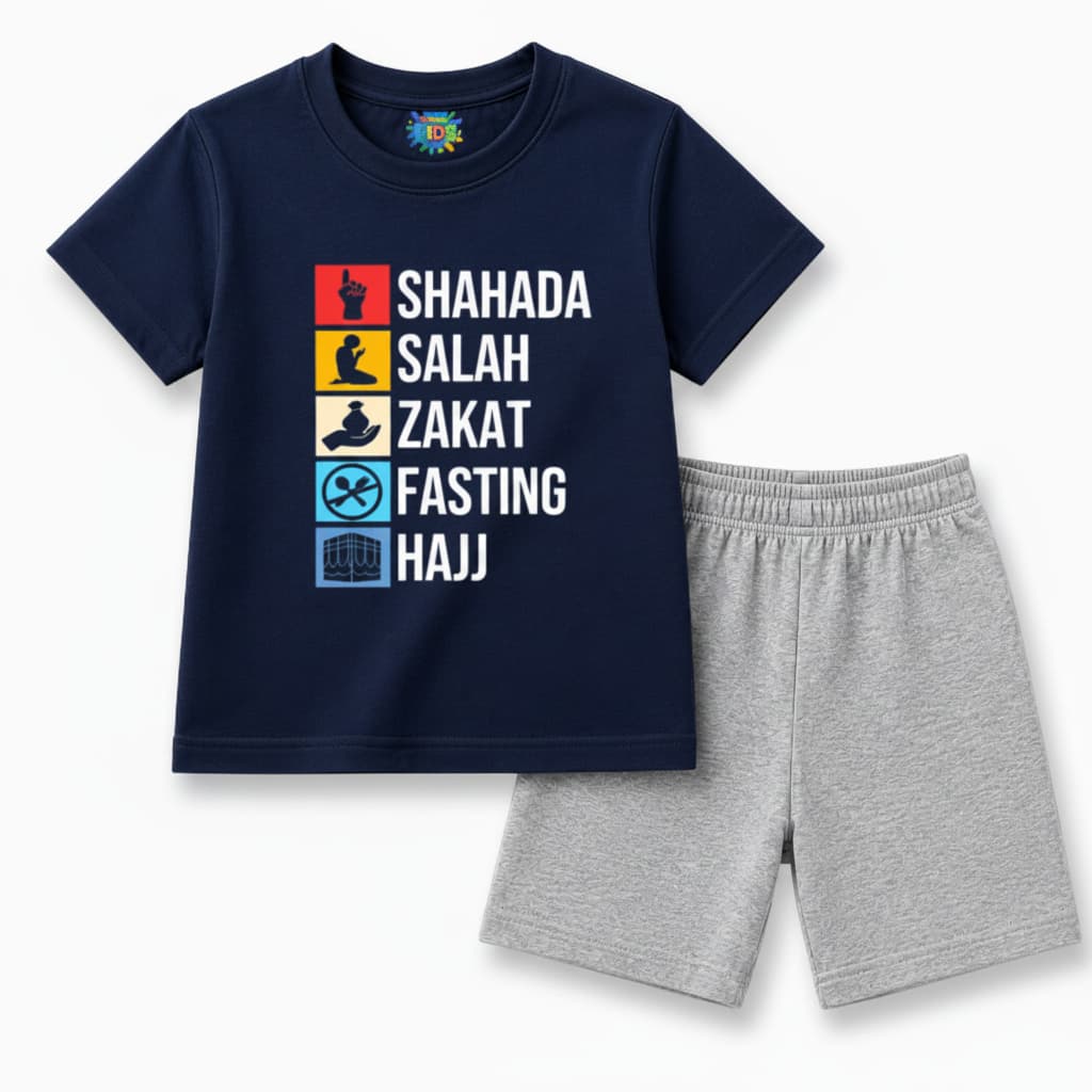 Islamic Kids T-Shirt & Shorts Set – Five Pillars Print Premium Cotton Summer TSNG