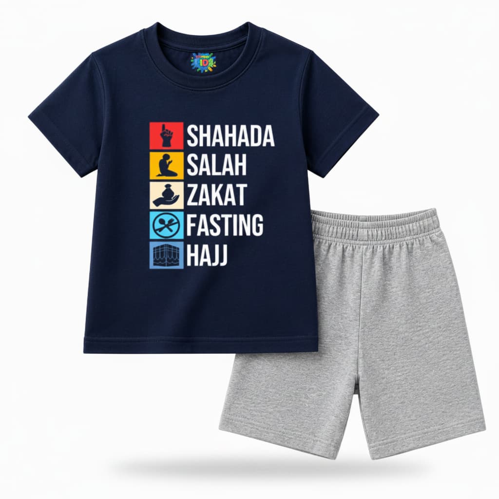 Islamic Kids T-Shirt & Shorts Set – Five Pillars Print Premium Cotton Summer TSNG