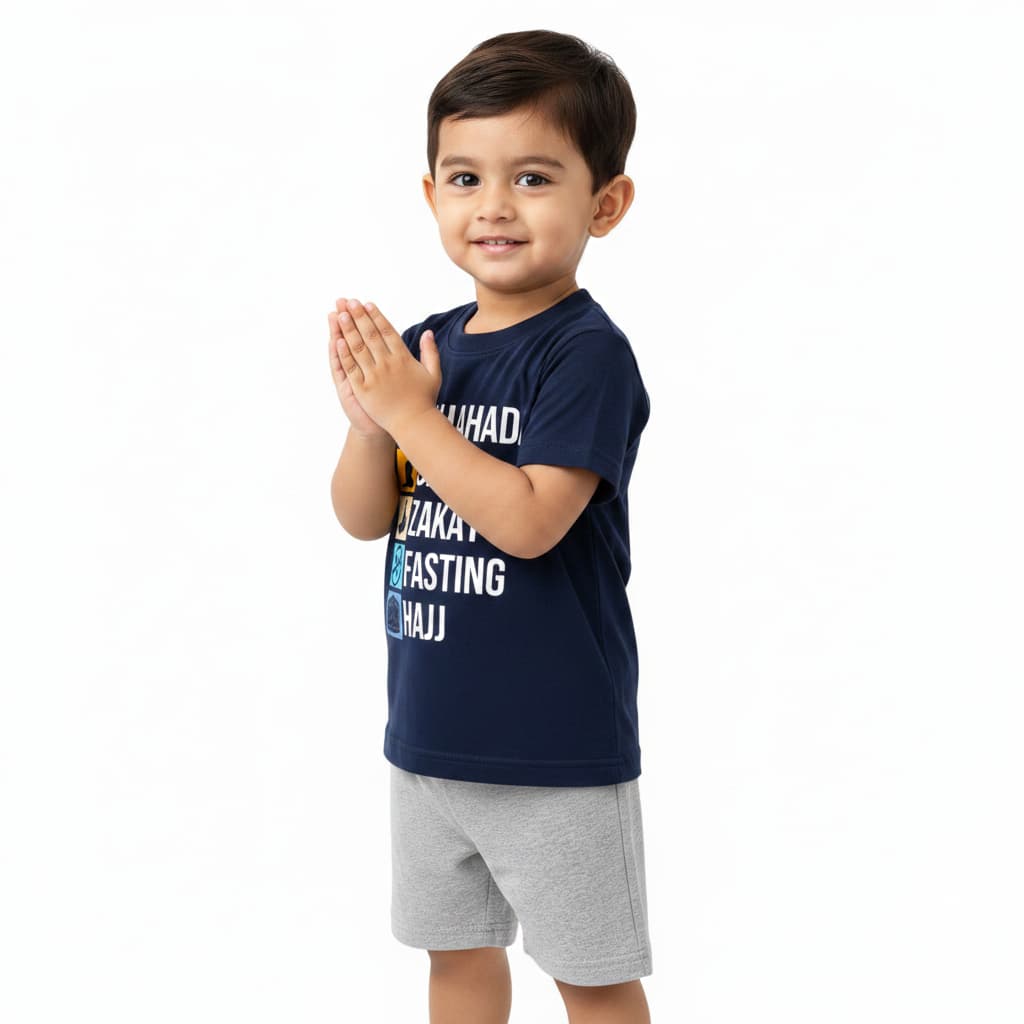 Islamic Kids T-Shirt & Shorts Set – Five Pillars Print Premium Cotton Summer TSNG