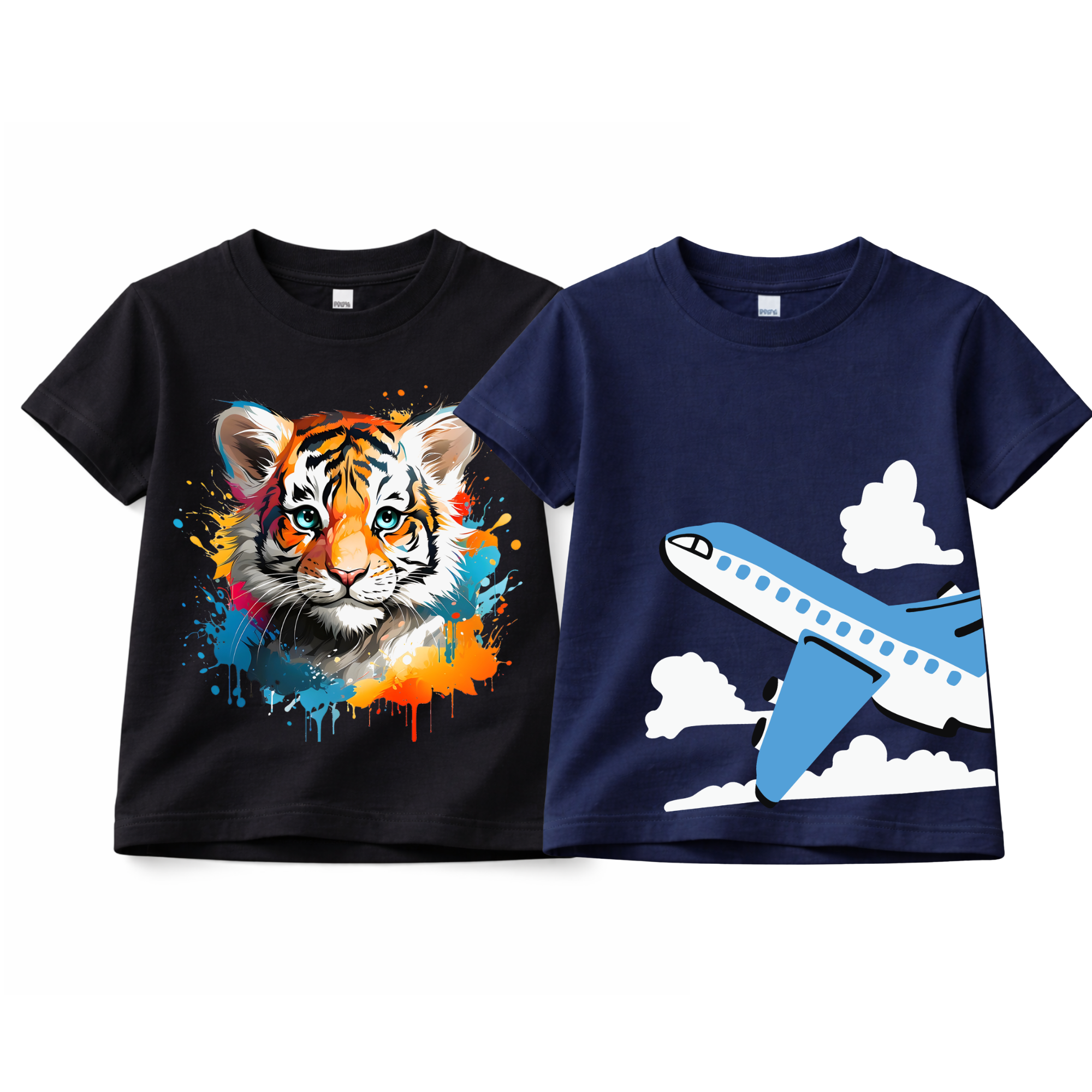 Kids Premium Graphic T-Shirt Combo (Colorful Tiger & Airplane Print) – Soft Cotton Summer Collection