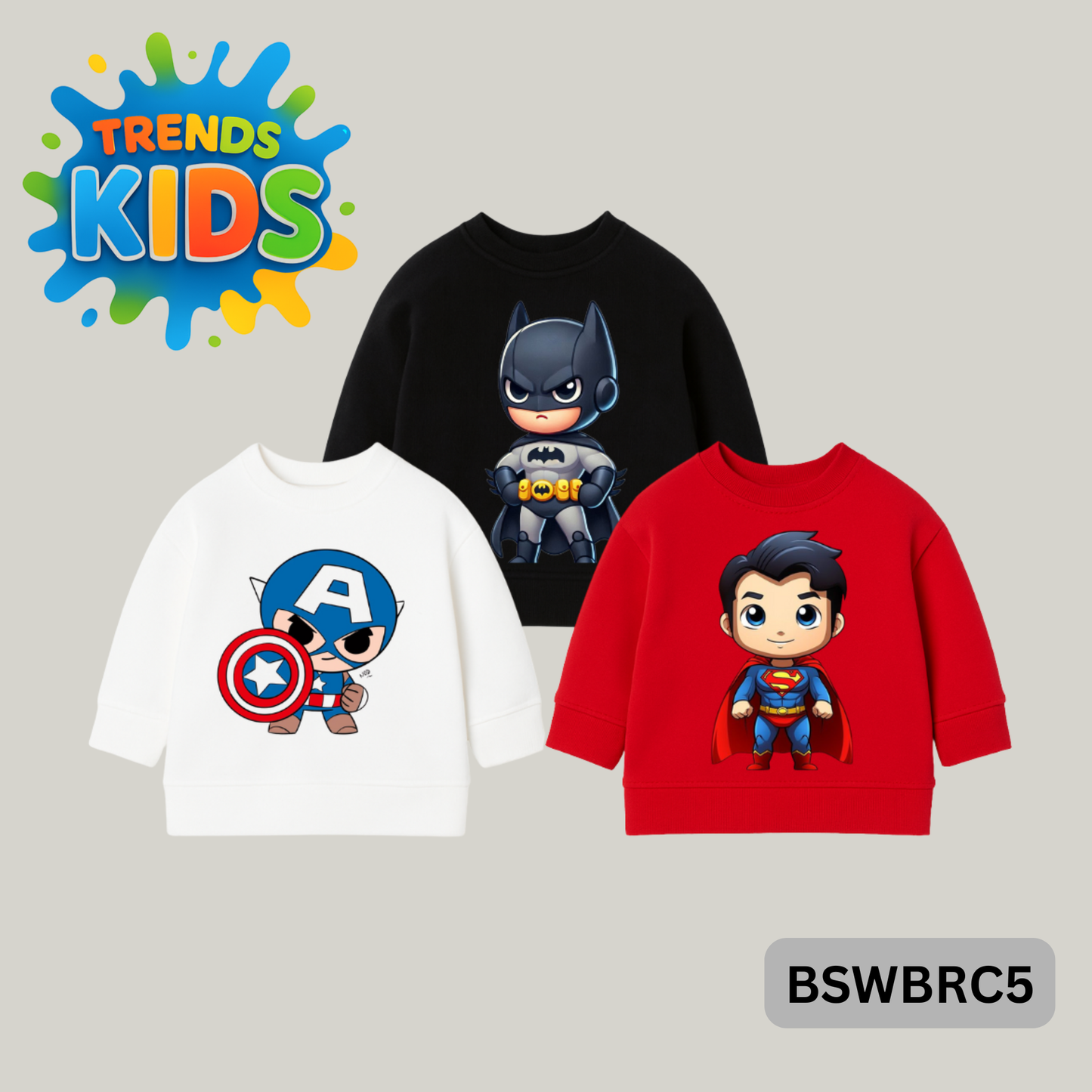 Trends Kids Superhero Sweatshirts – Captain, Bat & Super Styles