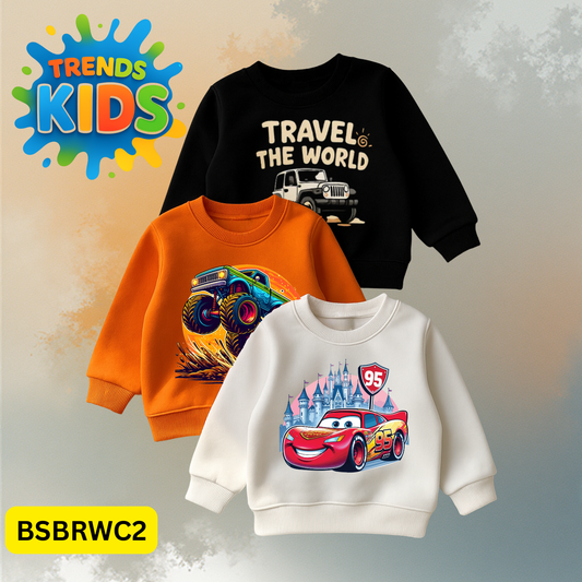 Kids Cartoon Sweatshirt Combo – Travel, Monster Truck & Lightning Car