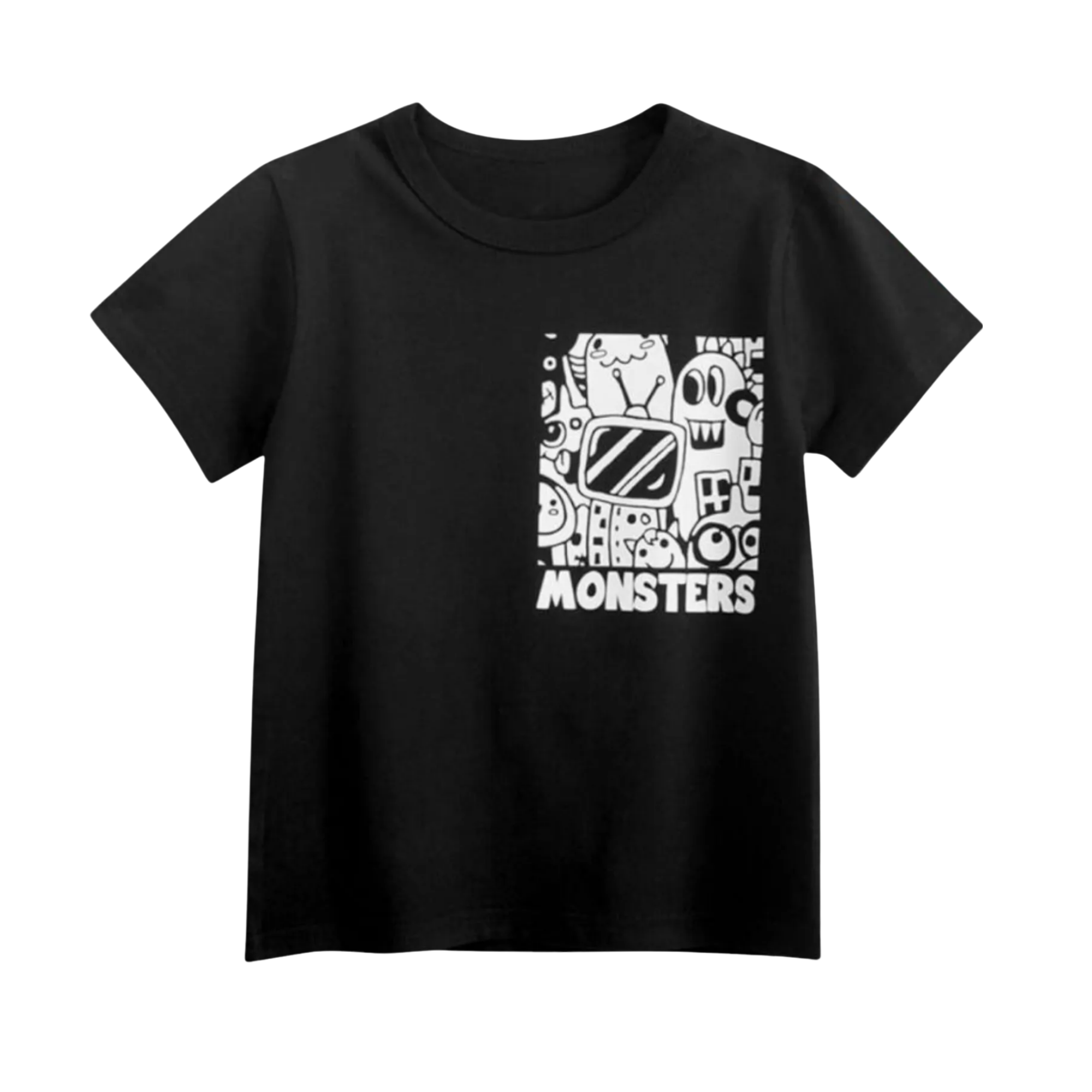 Basic Cotton Black T-Shirt for Baby & Kids – "Monsters" Doodle BTB20