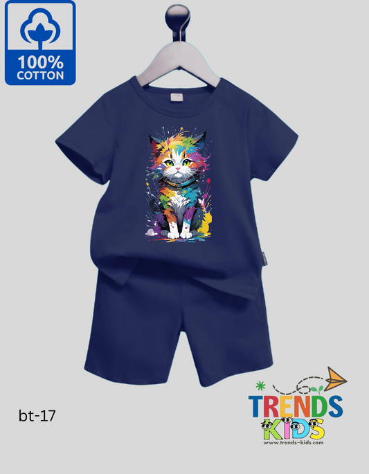 Cute Cat T-Shirt & Pants NavyBlu Set