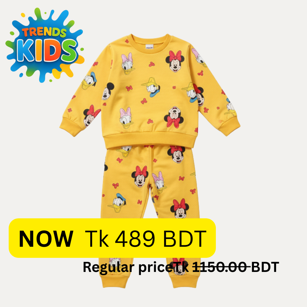 Minnie/Donald/Daisy Disney Pattern  terry cotton kids’ sweater & jogger set. Warm, breathable