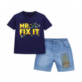 Mr. Fix It Kids Cotton T-Shirt & Denim Shorts Set – Navy Blue Combo