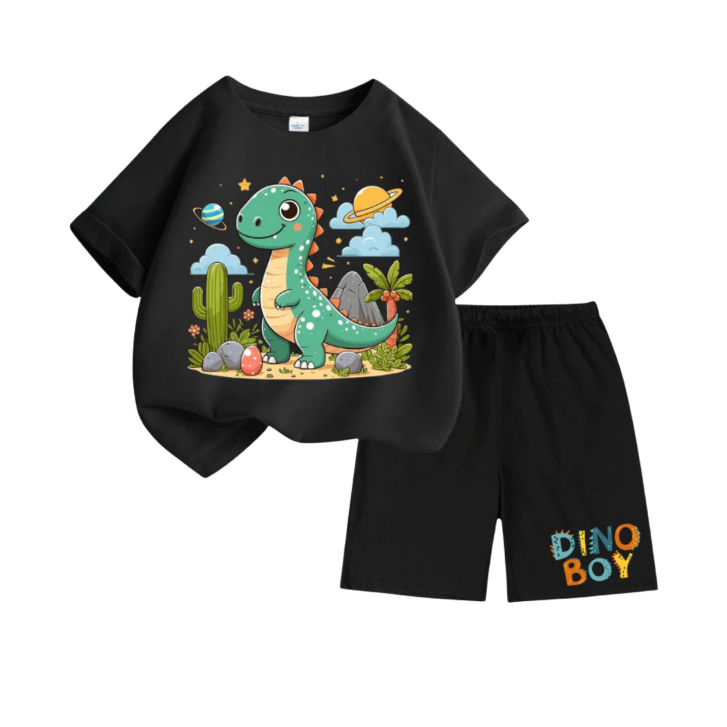Premium “Dino Boy” Cartoon T-Shirt with Pocket Shorts – Black Summer  DTSet115