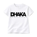 White t-shirt with 'Dhaka Bangladesh' text on a white background