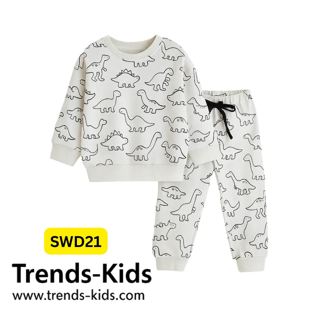 Boys & Girls Dinosaur-Print Winter Set – Terry Cotton Sweatshirt + Joggers