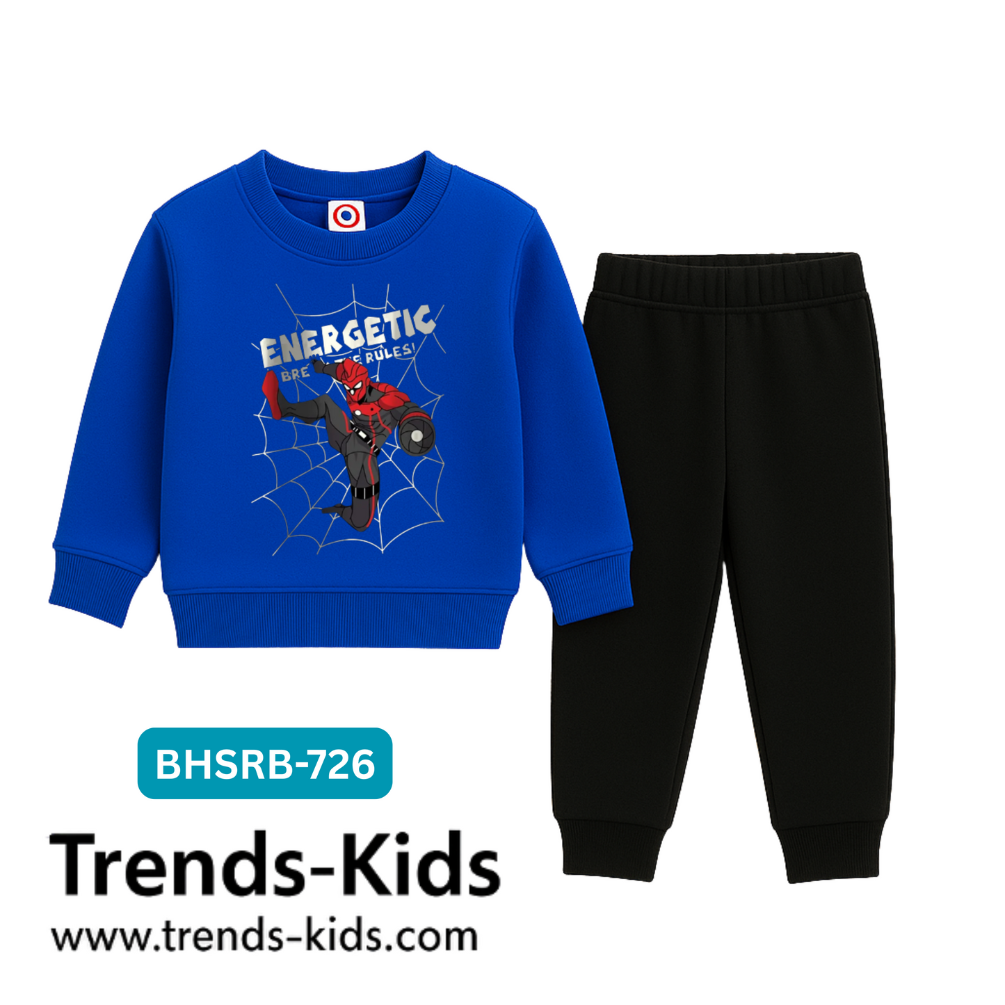 🕷️ Energetic Spider Print Royal Blue Kids Sweatshirt & Jogger Set