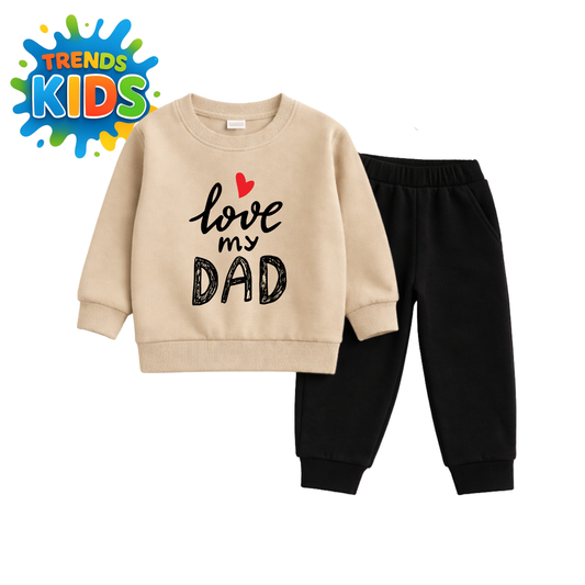 Beige Sweatshirt & Black Joggers Kids Set – Love My Dad Print