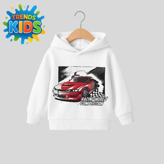 White Kids Hoodie – Racing Car Graphic | Premium Cotton Winter Wear