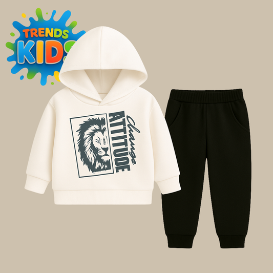 Lion print white Hoodie & Tiger Joggers Set Kids winter